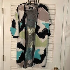 NIC+ZOE Multicolor Abstract Open Concept Long Open Sweater